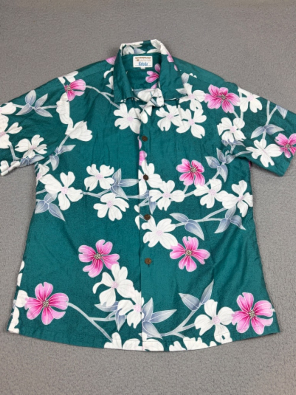 Vintage Kahala Hawaiian Shirt Mens Large Floral Wooden Button Cotton Made in USA